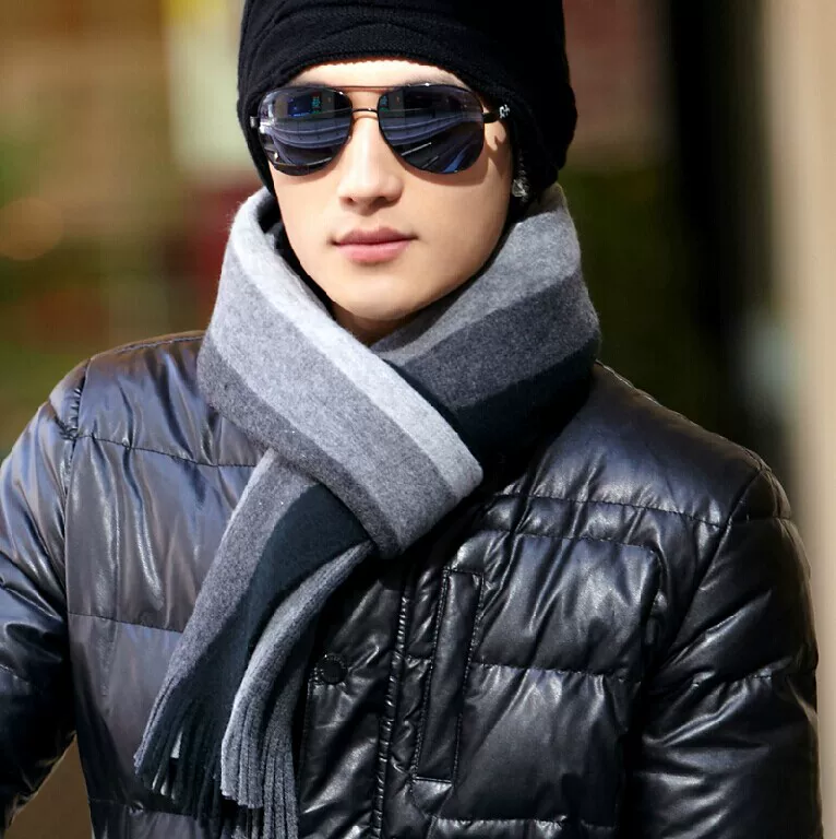 [Men's warm knitted wool scarf gift 男条纹围巾时尚 Шарф]