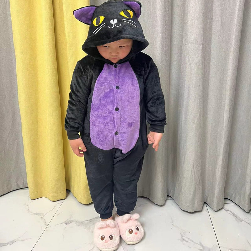 Children's Black Cat Cartoon One-Piece Pajamas, Adult Animal Costumes, Halloween Cos Flannel Thickened Home Clothes