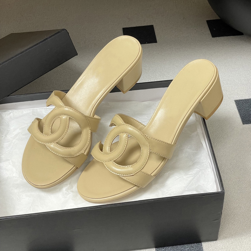 Chanel-Style High-Heeled Sandals for Women, 2026 New Model, Genuine Leather, Square Toe, French Open-Toe, Chunky Heel, Slip-On Sandals for Outdoor Wear