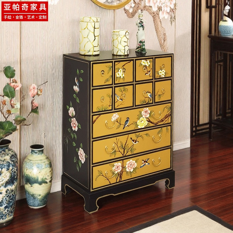 Solid Wood Chest of Drawers, New Chinese Style, Retro Bedroom and Living Room Wall-Mounted Storage Cabinet, Painted with a High-End Feel, Mid-Century Style Chest of Drawers