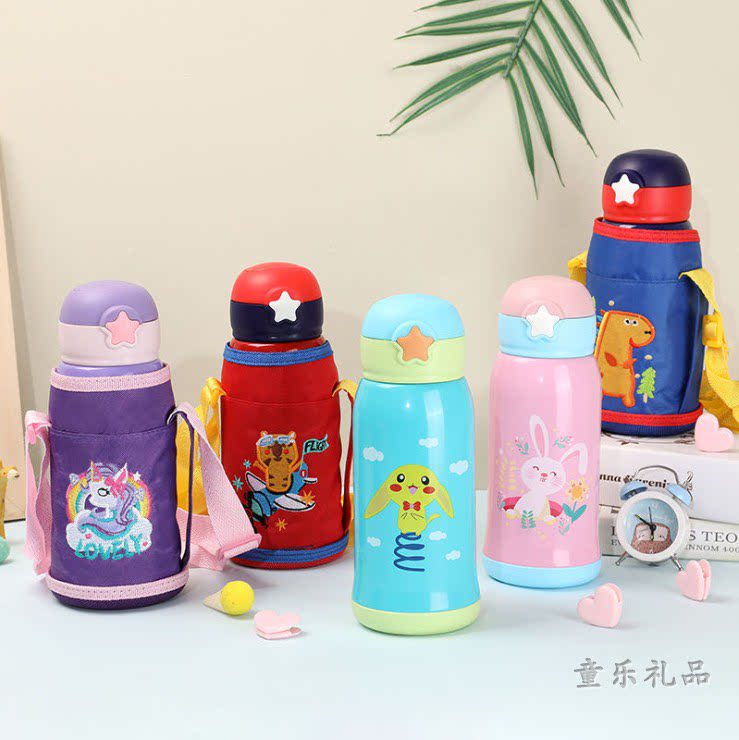 Stainless Steel Insulation Cup Student Cute Cartoon With Cup Cover Children's Pot Straw Cup Laser Lettering Gift Water Cup