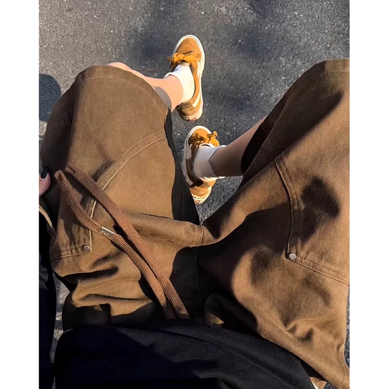 Vintage American-Style Melard Coffee-Colored Work Shorts for Men, Summer Lumberjack Style with Large Pockets, Casual Five-Point Pants