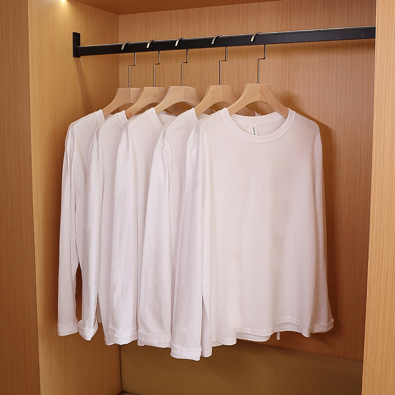 210g Double-Needle Collar Heavyweight Pure Cotton Crew Neck Simple Basic T-Shirt Loose Fit Unisex Solid Color Long Sleeve Base Shirt