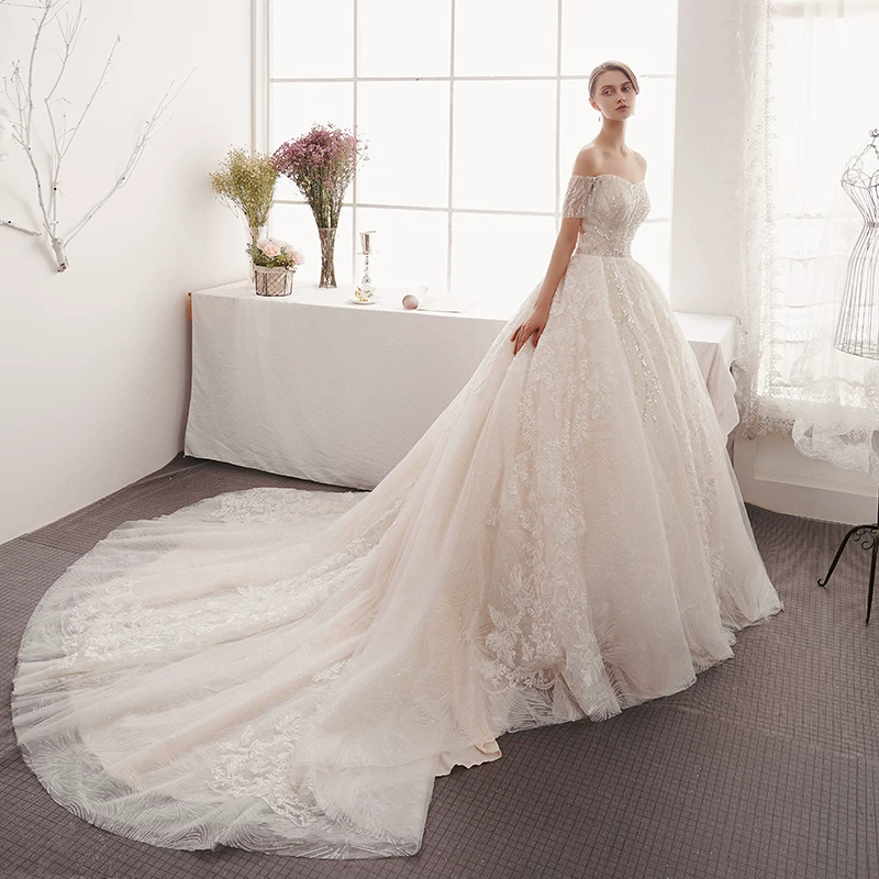 Wedding dress, open shoulders, 2019, fitted