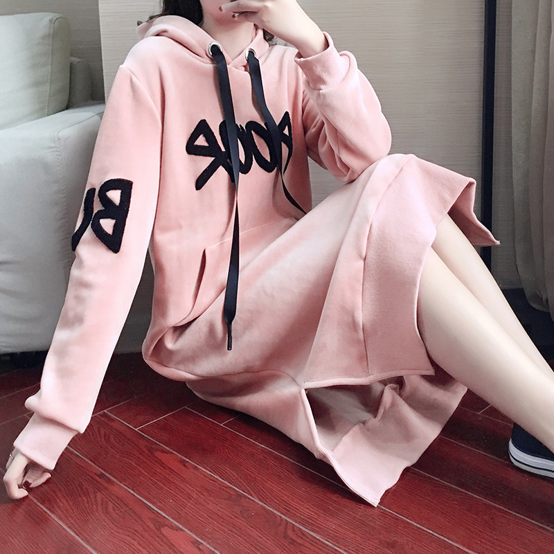 Gold velvet autumn and winter long version over the knee sweater women's 2022 new Korean version of the loose plus velvet thickened medium and long version of the dress