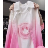 Летняя розовая белая рубашка, футболка, свободный крой, короткий рукав