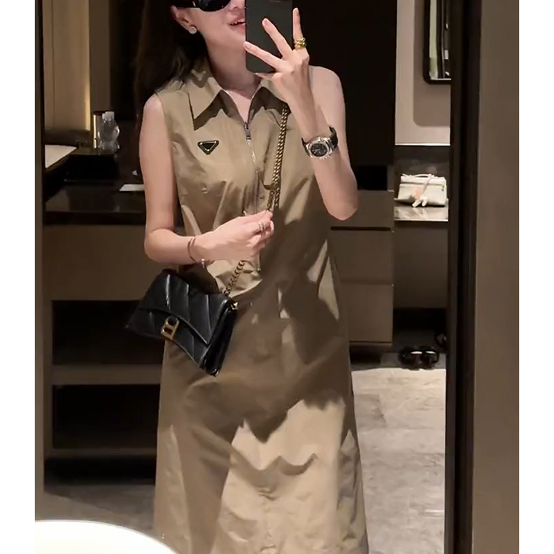 Cool and Elegant Khaki Shirt Dress for Women, 2026 Summer High-End Exquisite Casual Slimming Sleeveless Short Dress