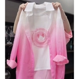 Летняя розовая белая рубашка, футболка, свободный крой, короткий рукав