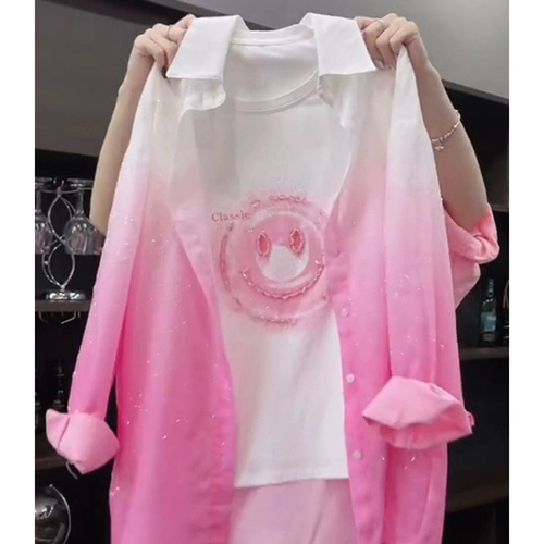 Летняя розовая белая рубашка, футболка, свободный крой, короткий рукав