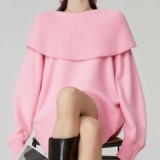 Трикотажный розовый свитер, открытые плечи, оверсайз, увеличенная толщина