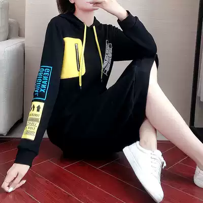 Black long version of over-the-knee sweater women autumn and winter 2021 new long sleeve Korean version of loose hooded plus velvet padded dress