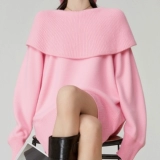 Трикотажный розовый свитер, открытые плечи, оверсайз, увеличенная толщина