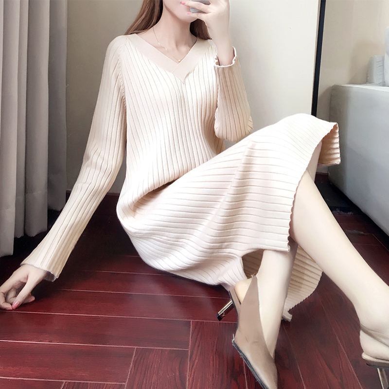 Sweater skirt women's lazy wind loose 2020 autumn new long version over the knee base knitted dress worn outside autumn and winter