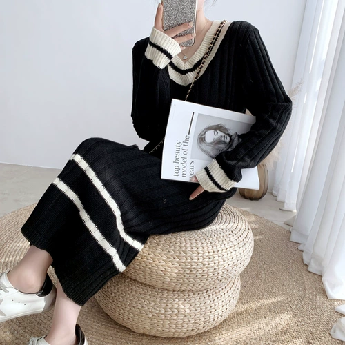 Черное осеннее шерстяное платье, брендовое длинное трикотажное платье, 2025 года, свободный крой, длина макси