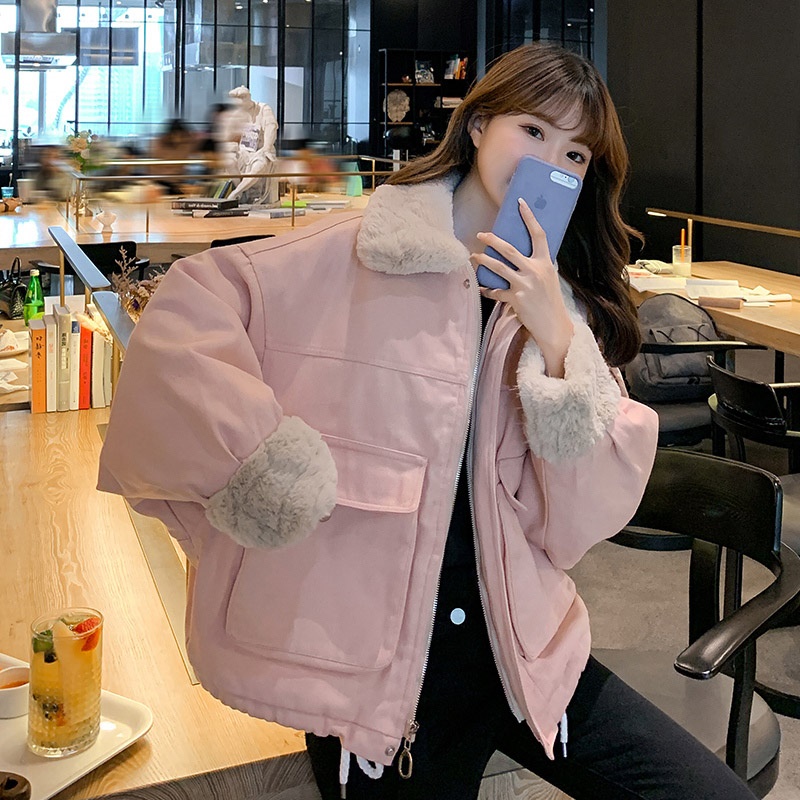 Stuffed thick lamb hair coat women's autumn winter 2021 Korean version loose short small warm cotton jacket