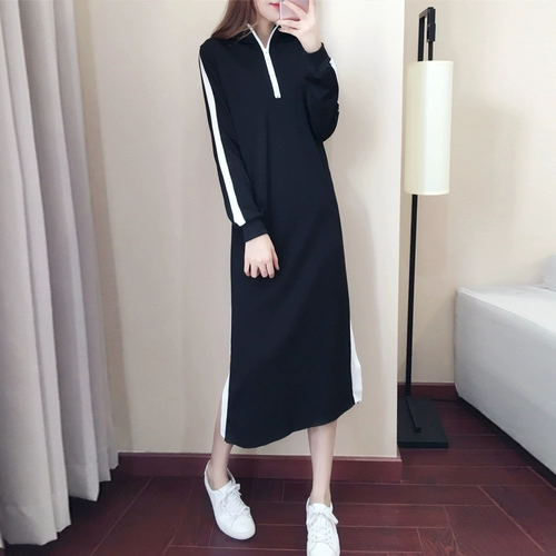 Длинная тонкая толстовка, осенний лонгслив, утепленное платье, длина макси, в корейском стиле, оверсайз, осенняя