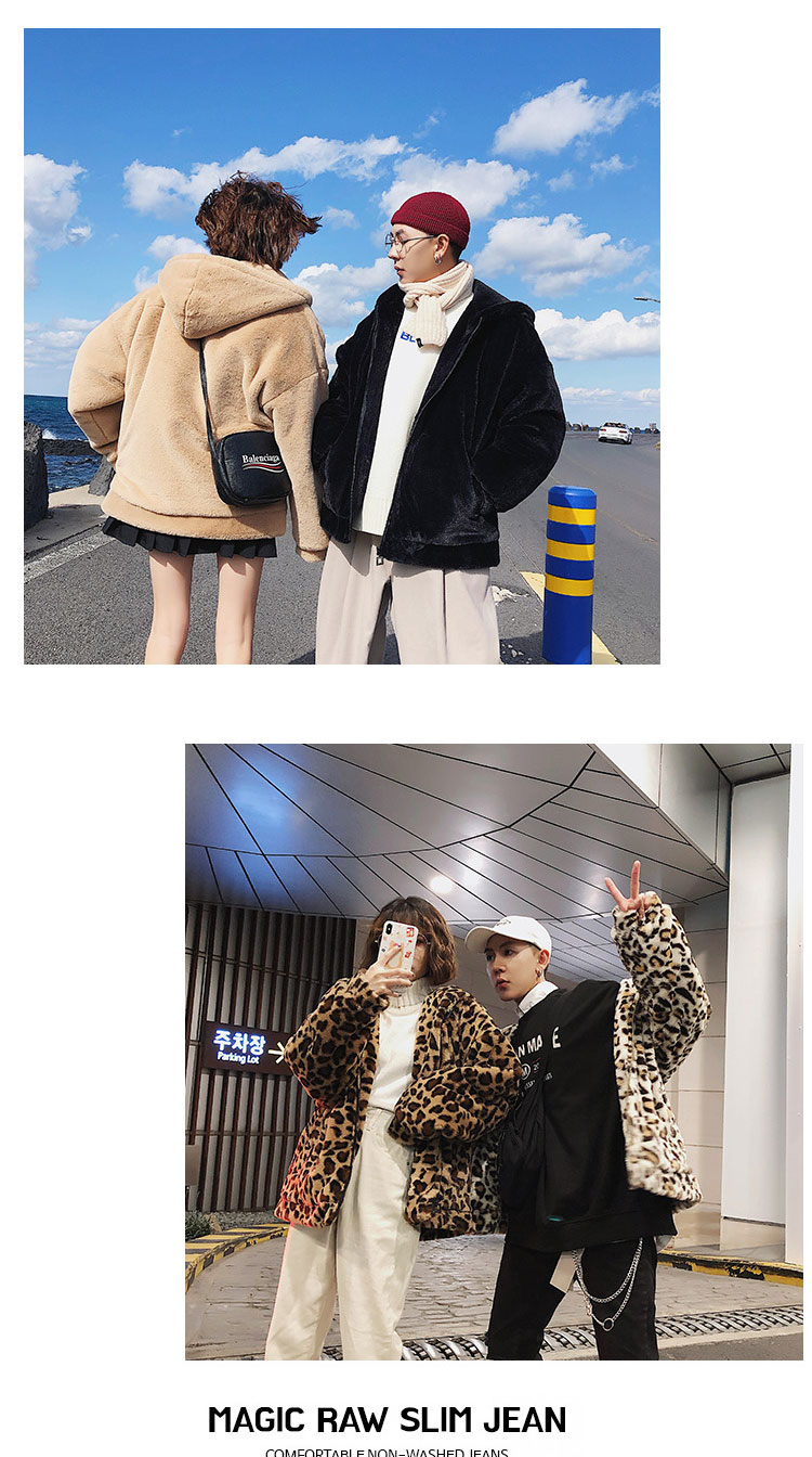 2018 mùa đông mới da báo nhung sang trọng dày đôi cotton áo khoác nam in mùa đông ngắn áo gió Harajuku áo khoác len