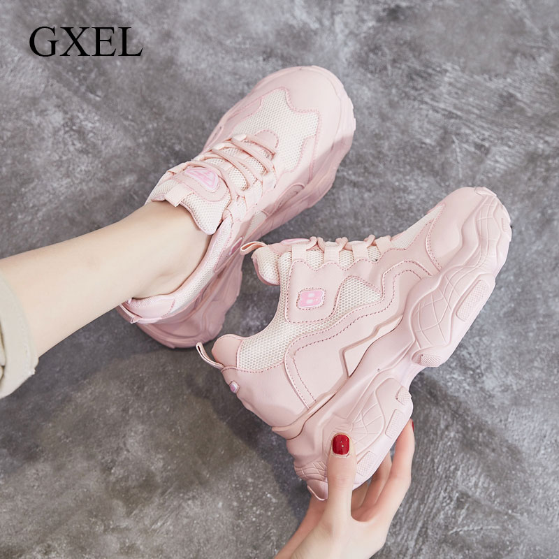 Invisible Inside Heightening Older Daddy Shoes Women Ins Tide 2021 Spring New Breathable THIN THICK BOTTOM PINK MESH FACE SHOES