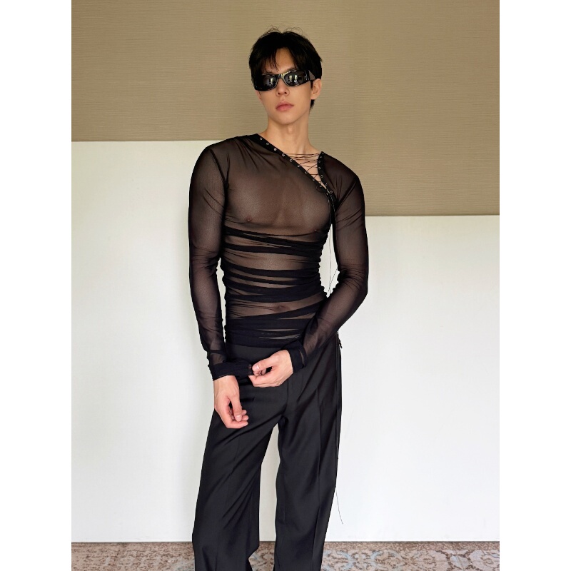 Abstinence Tension "Pulse" Gauze Sexy Close-Fitting Elastic Strap V-Neck Semi-Transparent Long-Sleeved T-Shirt