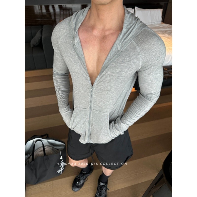 Black and White Gray Wool Lyocell Hooded Cardigan Sporty Fashionable Stretchy Slim-Fit Hoodie Top Jacket