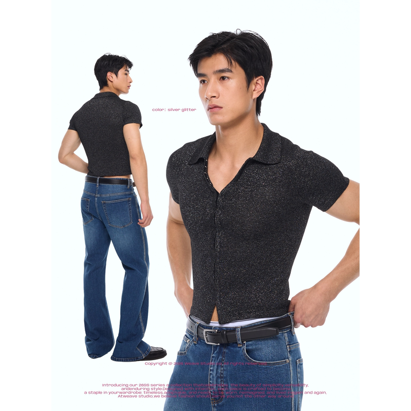 Retro Sexy Breathable Slim-Fitting Top Men's Shirt Eye-Catching Aesthetic Black Gold Black Silver Buckle Fine Glitter Short-Sleeved Men's Shirt