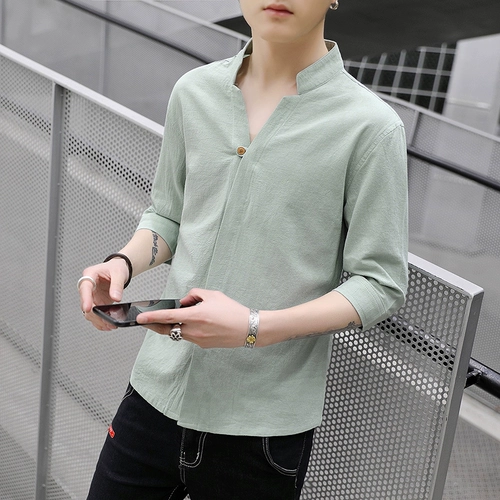 Дышащая рубашка, футболка, китайский стиль, из хлопка и льна, короткий рукав