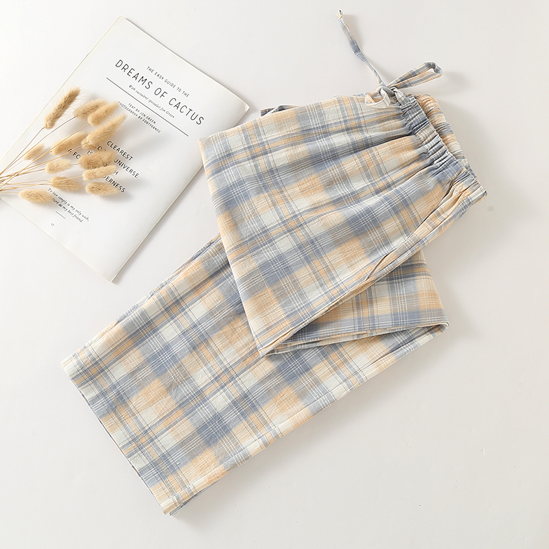 Men's Plaid Pajama Pants for Spring and Summer, Made of Pure Cotton, Washed Cotton, Thin, Loose Fit, with Pockets, Straight-Leg Long Pants, Suitable for Wearing at Home or Outside