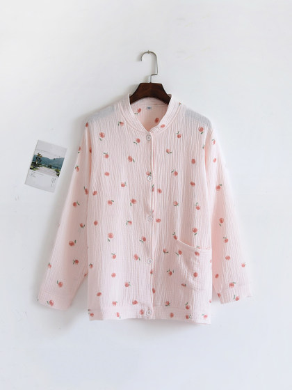 Japanese-Style Women's Pajama Top, Single Piece, Long-Sleeved Cardigan, Spring, Autumn, and Summer Thin Pure Cotton Gauze Double-Layer Crepe Home Wear