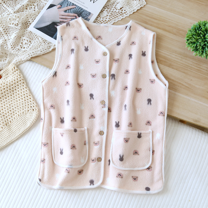 Flannel Vest, Cardigan, Pajamas, Women's Top, Single Piece, Autumn and Winter, Fleece-Lined, Thickened, Warm, Coral Fleece Loungewear