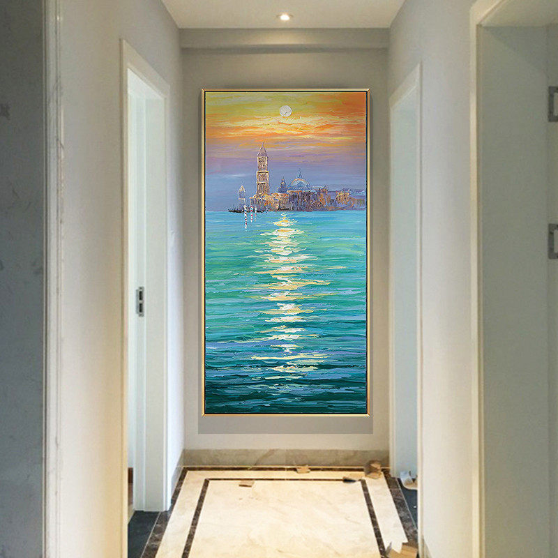 Dawn Sunrise Hand-painted Oil Painting Nordic Style Sea View Scenery Genguan Modern Minimalist vertical version hanging paintings in Venice