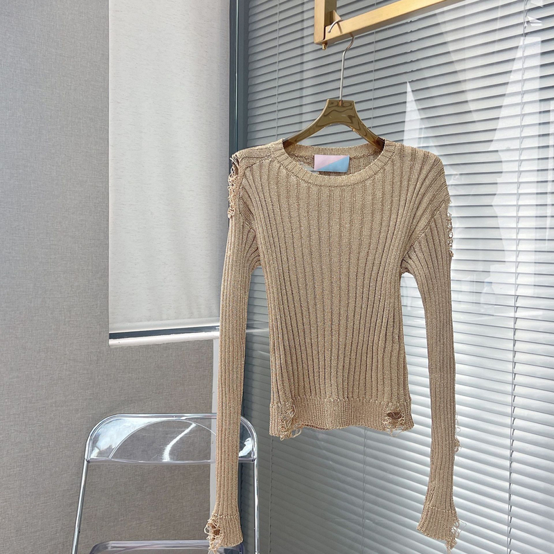 Original Design, Niche Style, Distressed Vintage Ribbed Knit Sweater, Fashionable Round Neck Sweater for Women