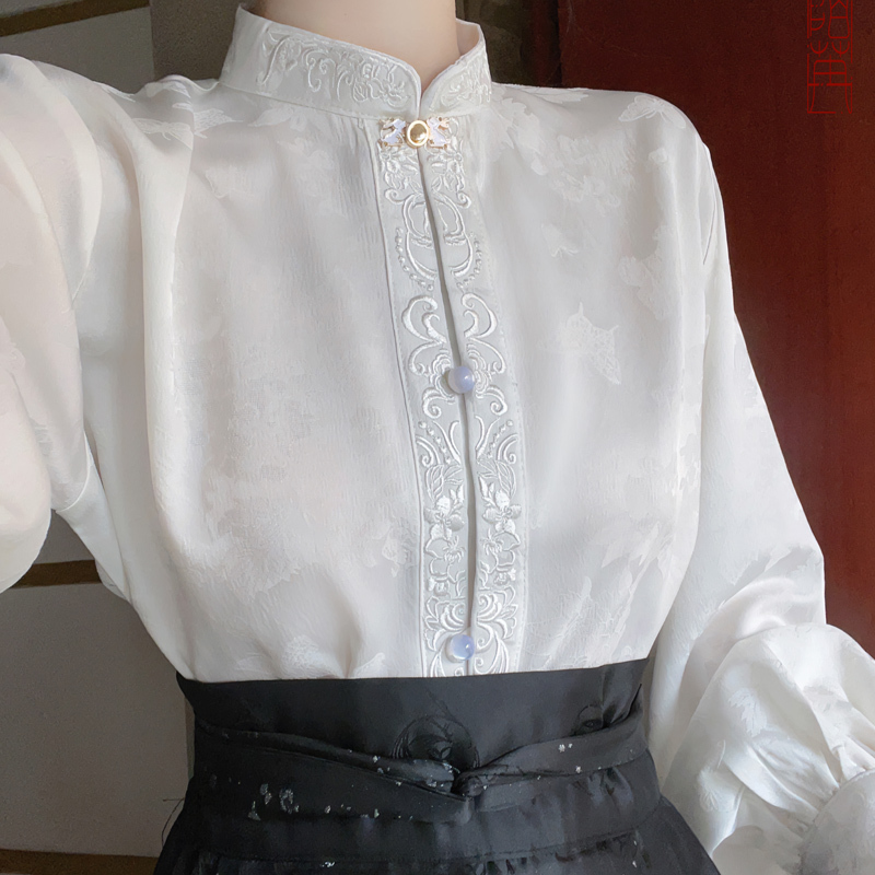 Original New Hanfu Style Jacquard Shirt with Hidden Patterns, Stand Collar Elements, Everyday Shirt Top, New Chinese Style for Spring and Summer