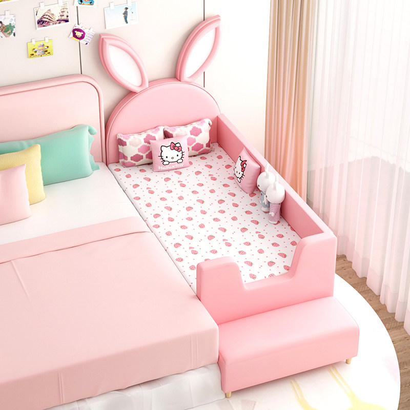 Rabbit Splicing Bed Girl Princess Children Bed Widening Baby Cot With Guardrails Upscale Soft Bag Baby Single Bed