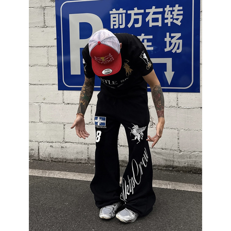 Heavy-Duty Unicorn Embroidery 420g Drapey Sweatpants American-Style Wide-Leg Casual Long Pants for Men and Women