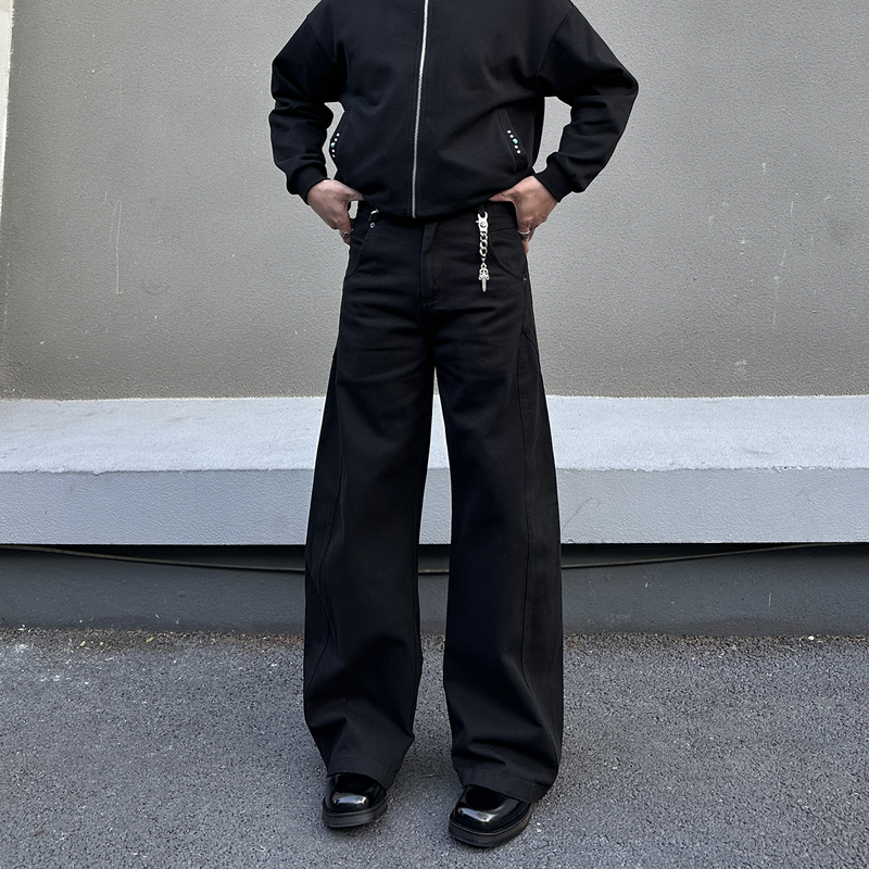 American-Style Niche Design Black Scimitar Jeans, Unisex Loose Wide-Leg Pants, Versatile Casual Pants for Commuting