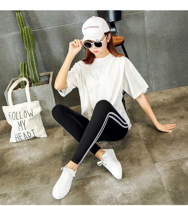 Bên trắng dải quần legging modal nữ mùa thu mỏng kéo dài kích thước lớn bó sát thể thao chín điểm song song thanh chân quần