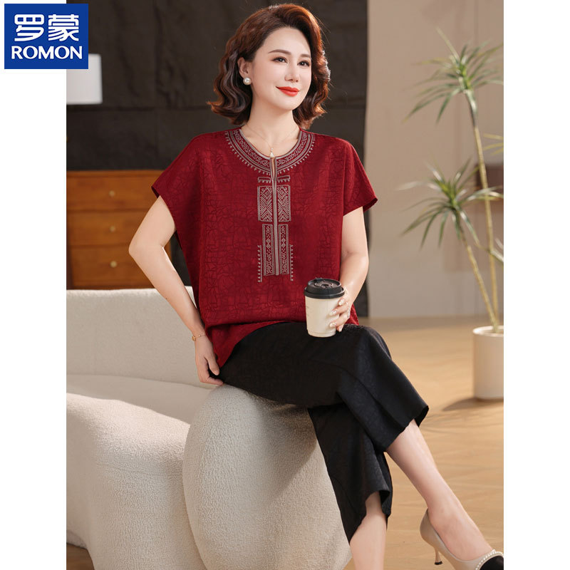 Romon Fat Mom Summer Outfit Thin Blouse for Elderly Women, Summer Two-Piece Set in Imitation Mulberry Silk