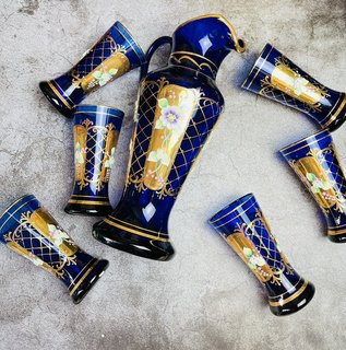 波西米亚穆拉诺手绘鎏金收藏摆设一壶六杯酒具套装拍前咨询