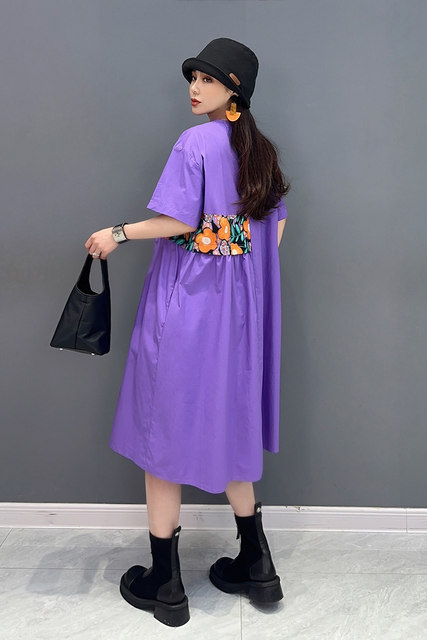 2024 new summer dress short-sleeved splicing irregular long shirt skirt literary style loose fashionable women's clothing