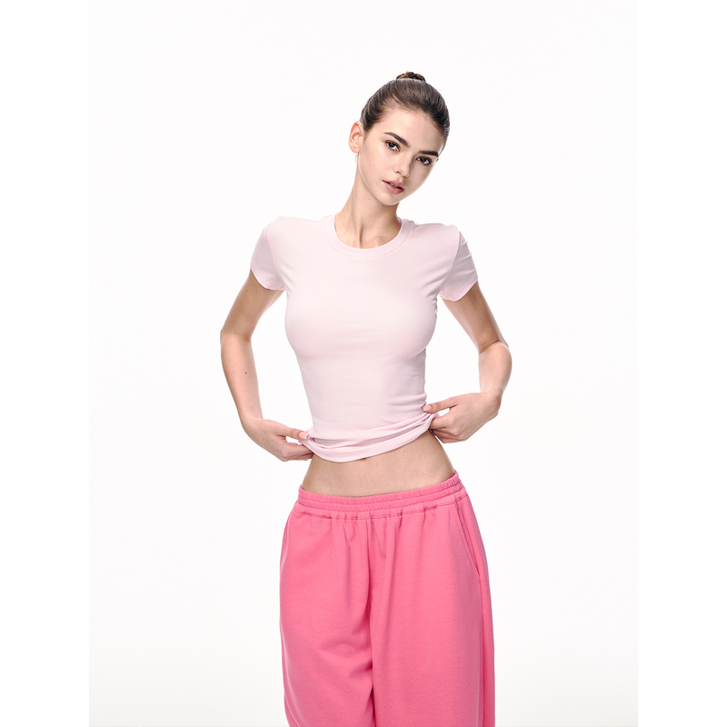 Jlaunt Lyocell Pink Short-Sleeved T-Shirt for Women, Summer Slim Fit, Regular Shoulder, American Style Hot Girl Knitted Top