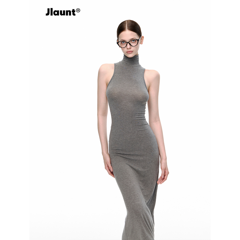 Jlaunt Gray Sleeveless Dress for Women, Summer Slim Fit High-Neck Long Bodycon Dress, American Style Hot Girl Tank Dress