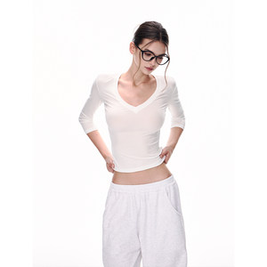 Jlaunt White Short-Sleeved T-Shirt for Women, Summer Design, Slim-Fitting Base Shirt, Three-Quarter Sleeves, V-Neck, Long-Sleeved Hot Girl Top