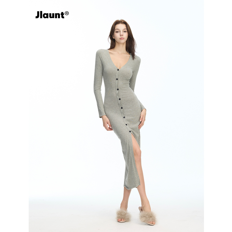Jlaunt Gray Long-Sleeved Dress for Women, Autumn Slim-Fit, Flattering, Long Base Dress with Decorative Buttons and Bodycon Fit
