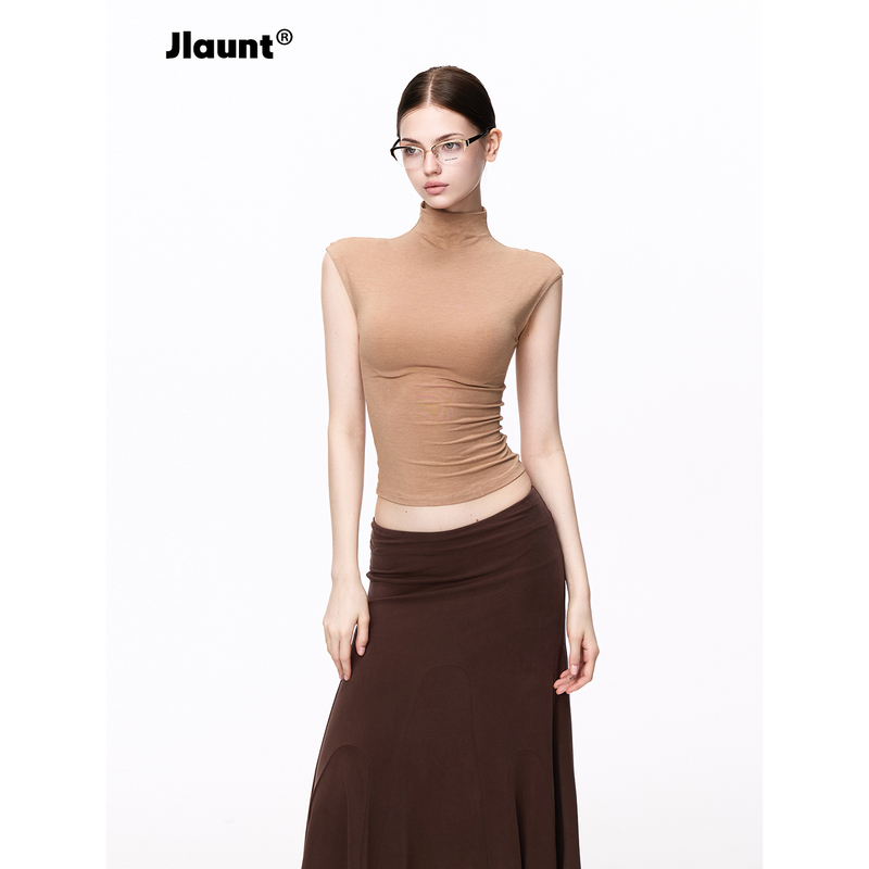 Jlaunt American Retro Camisole for Women, Summer Design, Slim Fit, Half-High Collar, Sleeveless T-Shirt Top
