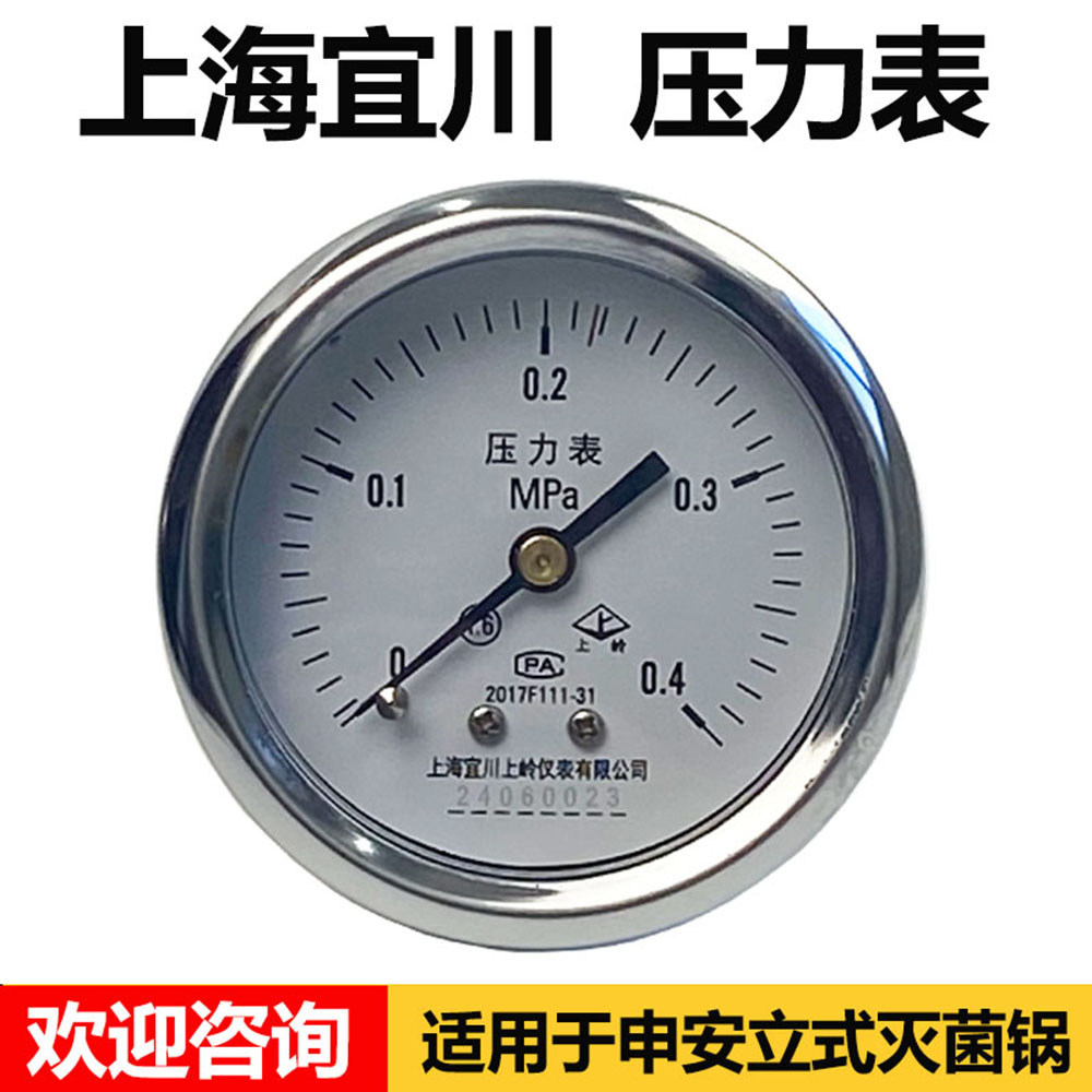 上海宜川上岭压力表0-0.4MPa新标准上海申安立式压力蒸汽灭菌器