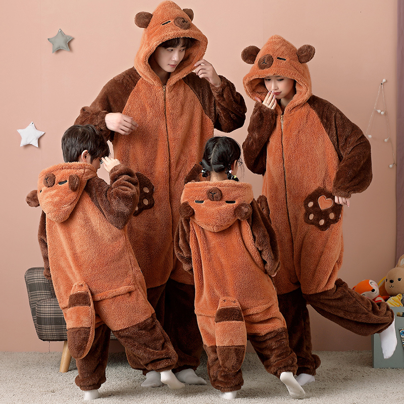 Kapibala Family Matching Pajamas Winter Coral Fleece Thickened Cartoon Funny Loungewear for a Family of Three