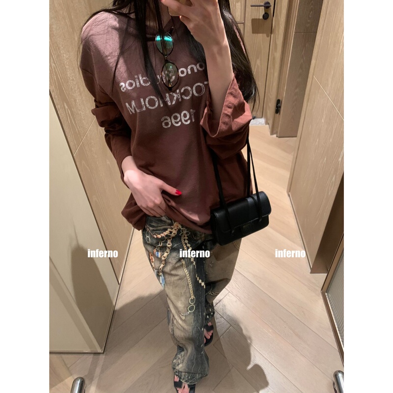 Flame ▼ 2026 Early Spring American Style 1996 Retro Gradient Chocolate Brown Long-Sleeved T-Shirt Women's Loose Casual Top