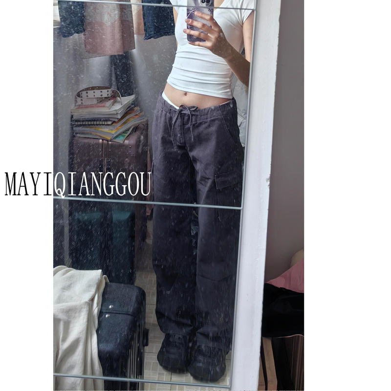 Tall Women's Extended-Length American-Style Spicy Girl Gray Low-Waist Drawstring Casual Cargo Pants for Spring and Summer, Loose Straight Wide-Leg Pants