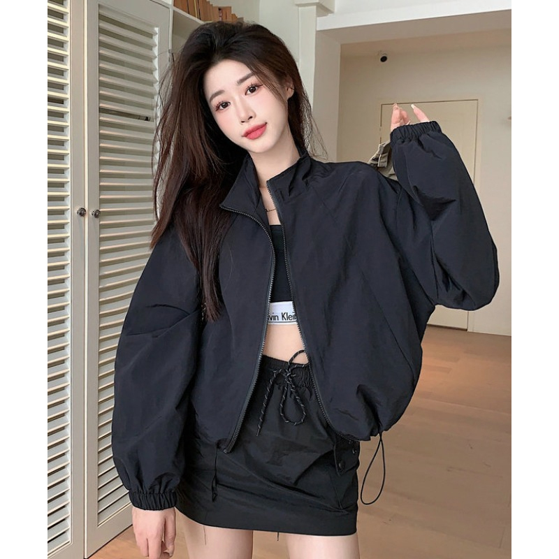 Designed Drawstring Stand Collar Windbreaker Jacket for Women, Spring and Autumn Casual Loose Fit, Petite Zip-Up Cardigan Jacket Top