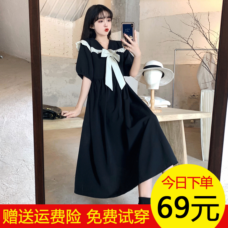 12-Year-Old Girl's Black Long Dress, 13-Year-Old Chubby Girl, 14-Year-Old Junior High School Student, 15-Year-Old Sweet Sailor Collar Dress for Summer